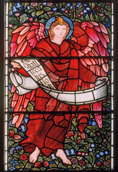 エンジェル、巻物、東の窓、1880（ステンドグラス） 作： Edward Burne Jones