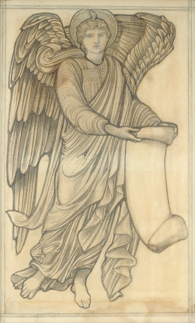 巻物を持つ天使-数字6、1880年（紙にチョーク） 作： Edward Burne Jones