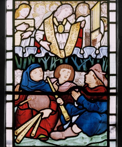 羊飼いへの告知、イーストウィンドウプレデラ、1864年（ステンドグラス） 作： Edward Burne Jones
