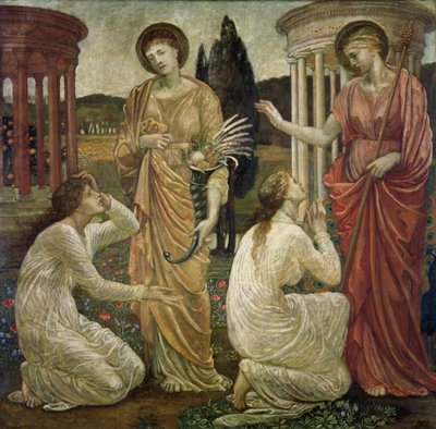 キューピッドとプシュケ-宮殿の緑の壁画-ジュノとセレスの神社でのプシュケ、1881 作： Edward Burne Jones