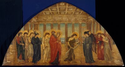 キューピッドとプシュケ-宮殿の緑の壁画-1881年のオリンパスのポータルに入るプシュケ 作： Edward Burne Jones