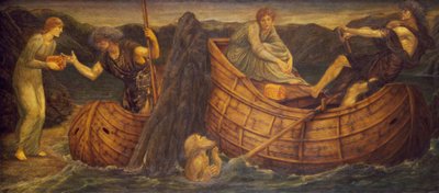 キューピッドとプシュケ-宮殿の緑の壁画-スティクスのフェリーマンにコインを渡すプシュケ、1881 作： Edward Burne Jones
