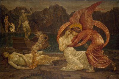 キューピッドとプシュケ-パレスグリーンの壁画-1881年にプロセルパインから棺を受け取ったプシュケ 作： Edward Burne Jones