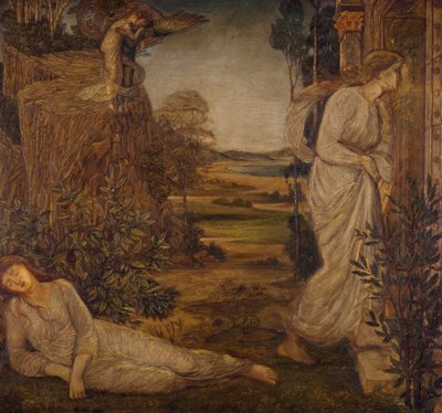 キューピッドとプシュケ-パレスグリーンの壁画-山にプシュケを抱えたゼフィルス、1881 作： Edward Burne Jones
