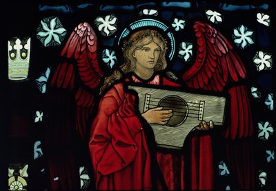 ウィリアムモリスアンドカンパニー製のエンジェルミュージシャンの詳細、1882年のステンドグラス 作： Edward Burne Jones