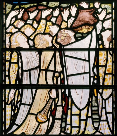 エリヤとバールの司祭、詳細、1863年（ステンドグラス） 作： Edward Burne Jones