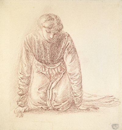 女性のひざまずく図（白い紙に暗い赤チョーク） 作： Edward Burne Jones