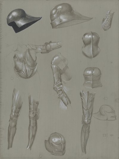 鎧のスーツの研究、1875年（紙にグラファイト、ウォッシュ、トイレ、ボディカラー） 作： Edward Burne Jones