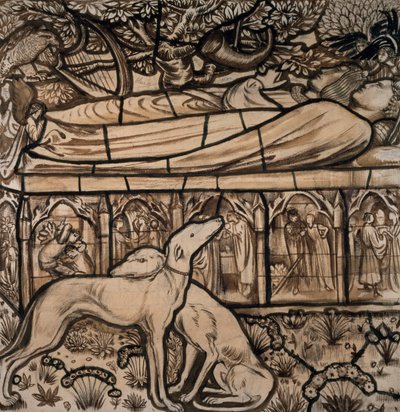 トリストラムとイゾルデの墓、ステンドグラスの漫画、1862 作： Edward Burne Jones