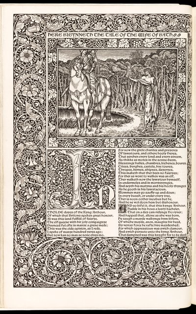 The Works of Geoffrey Chaucer Now Newly Imprinted」Geoffrey Chaucer著、1896年Kelmscott Press発行（木版）。 作： Edward Burne Jones