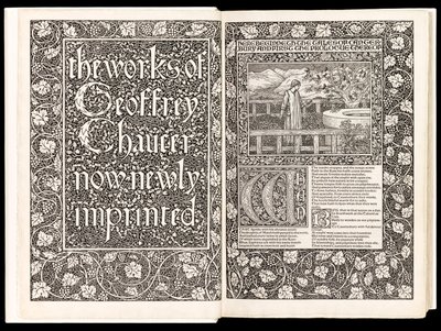 The Works of Geoffrey Chaucer Now Newly Imprinted」Geoffrey Chaucer著、1896年Kelmscott Press発行（木版）。 作： Edward Burne Jones