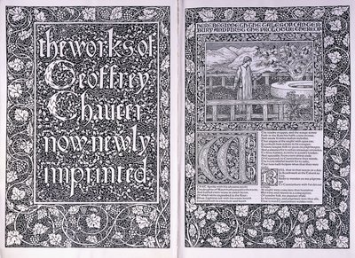 「ジェフリーチョーサーの作品」のケルムスコットプレス版のタイトルページとオープニングページ、1896 作： Edward Burne Jones