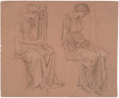 ツィターを演奏する座っている少女の 2 つの習作 作： Edward Coley Burne Jones