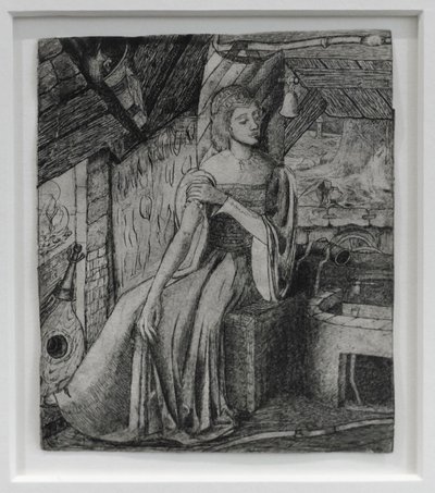 1857年頃、キューピッドの娘であろうか、鍛冶場のそばで（紙にペン、鉛筆）。 作： Edward Coley Burne Jones