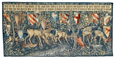鹿と盾の新緑、アーティストがデザインし、モリス社が織ったタペストリー、1909 作： Edward Burne Jones
