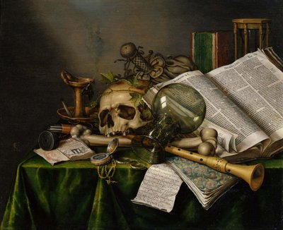 ヴァニタス。本、原稿、頭蓋骨のある静物 作： Edward Collier