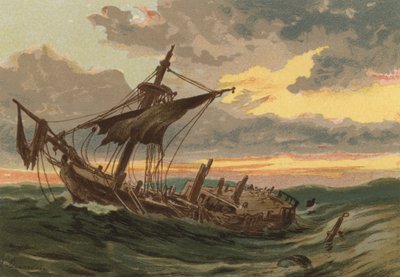 海に沈む夕日、廃船 作： Edward Duncan