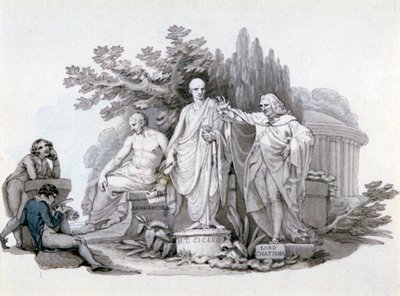 「デモステネス、キケロ、ピットの彫像を熟考する2人の若者」、c1780-1848 作： Edward Francis Burney