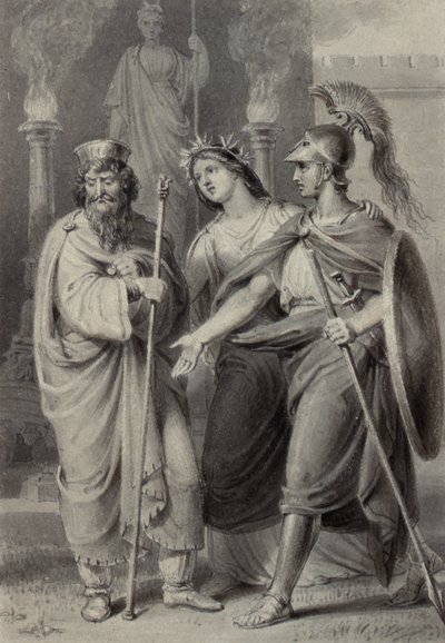 寺院の境内で司祭を演説する女性を伴う戦士 作： Edward Francis Burney