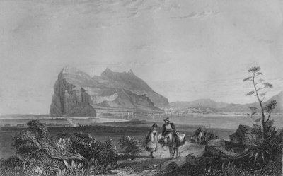 ジブラルタル。スペイン女王の椅子のふもとにある下の信号塔から、1840 作： Edward Francis Finden