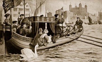 塔に運ばれるキャサリン・ハワード（「ハッチンソンの英国国家物語」より）、1923年頃（リトグラフ）。 作： Edward Frederick Skinner
