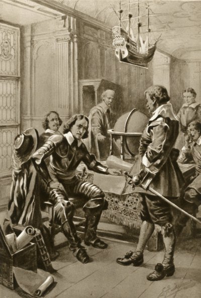 ホワイトホールの会議室でオリバー・クロムウェルを呼び出すロバート・ブレイク（石版） 作： Edward Frederick Skinner