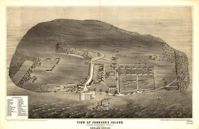 原寸大ではありません。 LC Civil War Maps (第 2 版)、320 要塞、刑務所、建物、植生を示す透視図。 主要な建物は、左下隅のリストに番号でキー付けされています。 公開された参考文献から派生した説明 作： Edward Gould