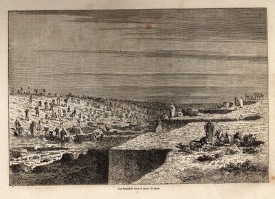 グルネが描いたスエズ運河の塹壕。1862年にポール・メルローが行ったスエズ運河への遠足を説明するために描かれたもの。エドゥアール・シャルトン編『Le tour du monde』に掲載された図版 作： Edward Grenet
