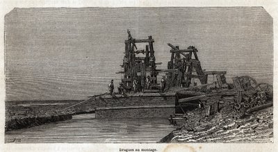スエズ運河の浚渫船（グルネ作、1862年にポール・メルローが行ったスエズ運河への小旅行を描いたもの）。エドゥアール・シャルトン編『Le tour du monde』に掲載された図版 作： Edward Grenet