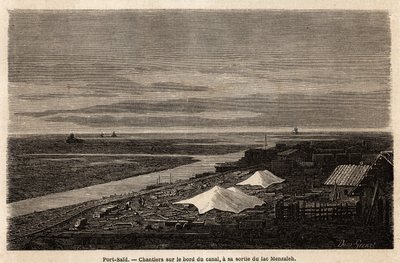 スエズ運河の端、メンザレ湖からの出口にあるポートサイドの造船所。1862年、ポール・メルルーによるスエズ運河へのエクスカーションを説明するためにグルネが描いたもの。エドゥアール・シャルトン編『Le tour du monde』に掲載された図版 作： Edward Grenet