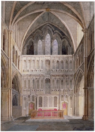 祭壇に向かって見た内部の眺め、聖救世主教会、サザーク、ロンドン、1830年。 作： Edward Hassell