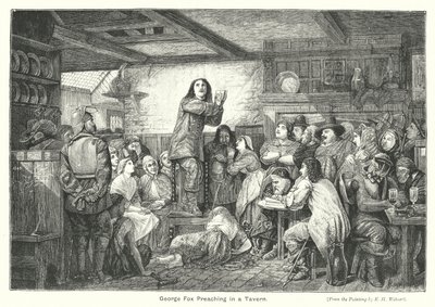 ジョージ・フォックスが酒場で説教をしている様子（エングレーヴィング 作： Edward Henry (after) Wehnert
