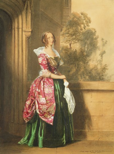 1839年のエグリントントーナメントで着用した衣装を着た女性（鉛筆とトイレ） 作： Edward Henry Corbould