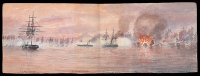 E・H・クリー博士の私的絵入り日誌第12巻1849年、73-74頁の反対側を折り返し、「トンキン川におけるシャップン寨の海賊船団の攻撃」1849年10月21日 CRJ12（絵） 作： Edward Hodges Cree