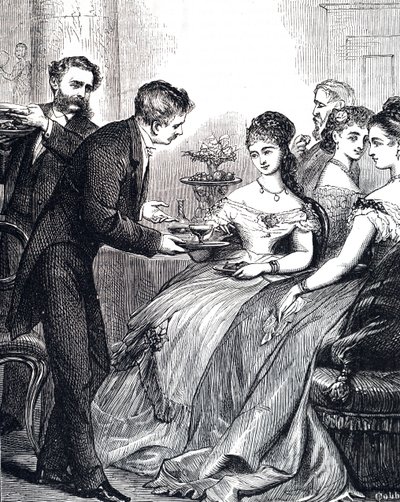 夕食時に紳士が女性にゼリーを手渡す様子を描いた彫刻 作： Edward Hughes
