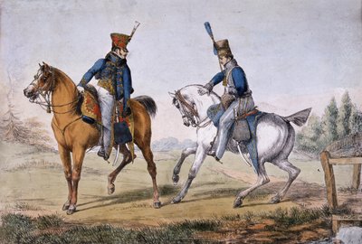 アッカーマンの石版印刷、1819（色付きのリソ）によって発行された10と18のHussarsの役員 作： Edward Hull
