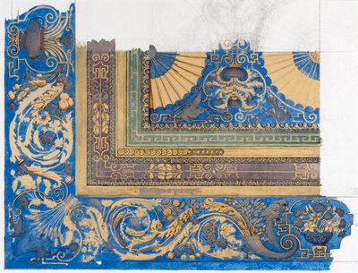 ウォートリーホールのビリヤードルームの中央の天井のデザイン（紙にペン、インク、トイレ） 作： Edward John Poynter