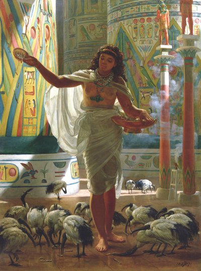 カルナックの広間で聖なるトキに餌をやる」（油彩・キャンバス 作： Edward John Poynter