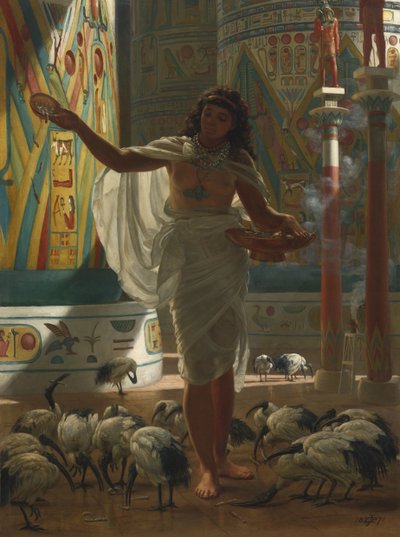 1871年、カルナックのホールで聖イビスに餌をやる 作： Edward John Poynter