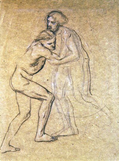 The Prodigals Return、1869年に抱き合う2人のヌード男性の研究（紙にチョークで書く） 作： Edward John Poynter