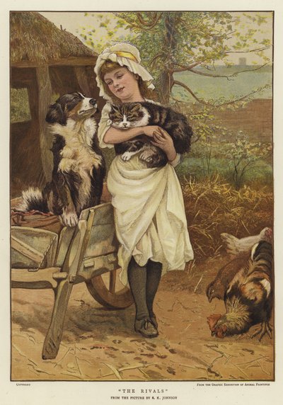 犬と一緒に猫を抱きかかえる少女（カラーリトグラフ 作： Edward Killingworth Johnson
