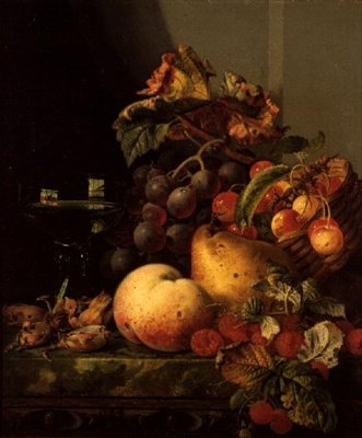 ワイングラスとさくらんぼなどの果物の静物画（Ledge 作： Edward Ladell