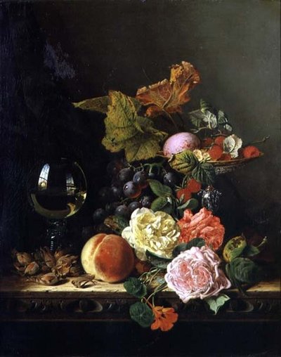 ワイングラス、ブドウ、ナッツ、そしてバラの花が描かれた台座 作： Edward Ladell