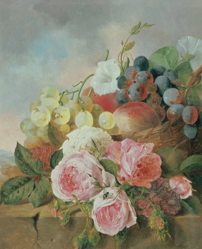 棚の上の果物とバラの静物 作： Edward Ladell