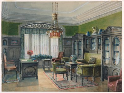 素描、図書館またはオフィスの内装、1915年頃 作： エドワード・ランボン・ヘンリー