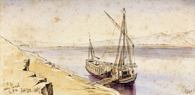 ナイル川の岸辺に停泊する伝統的なエジプト船。水彩画 作： Edward Lear