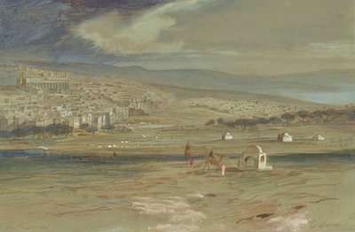 ラクダと人物を前景にしたヘブロンの街並み 作： Edward Lear
