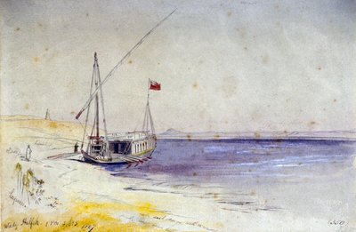 ワディ・ハルフェ（エジプト）近くのナイル河岸に停泊するエジプト船。水彩画 作： Edward Lear
