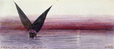 マンファルート（エジプト）のナイル川のエジプト船。カラー水彩画 作： Edward Lear