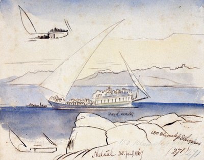 シェタール（エジプト）近くのナイル川を行くエジプトのダウ船。水彩画 作： Edward Lear
